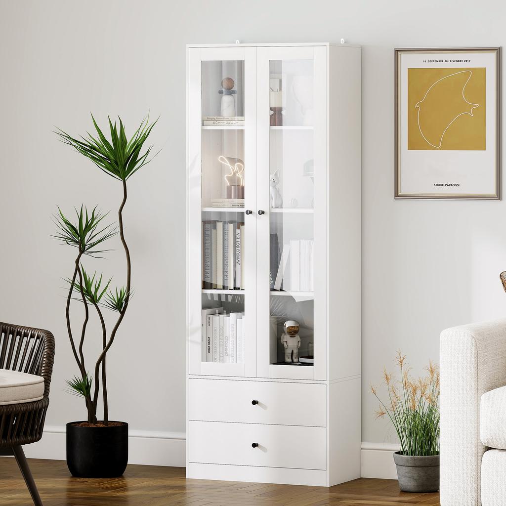 Credenza da cucina con armadietto e 2 cassetti, ante in vetro e ripiani regolabili, 59x30x164 cm, Bianco