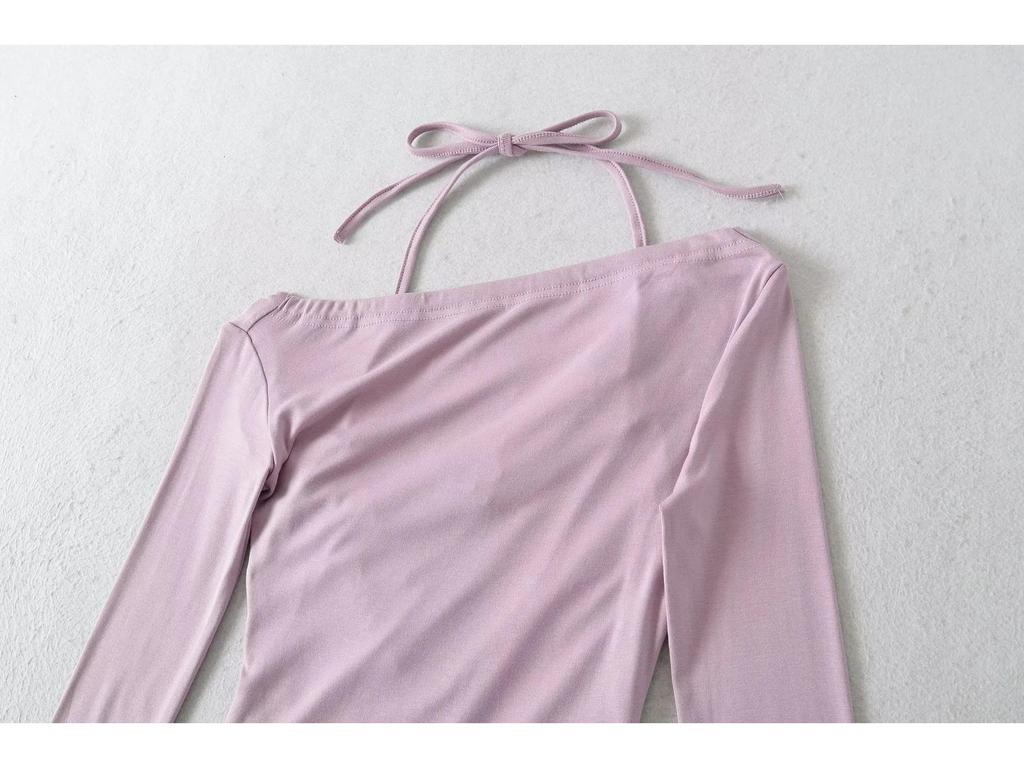 Autumn 2025 Women's Lace Trim Halter Neck Off-Shoulder Slim Long-Sleeve T-Shirt