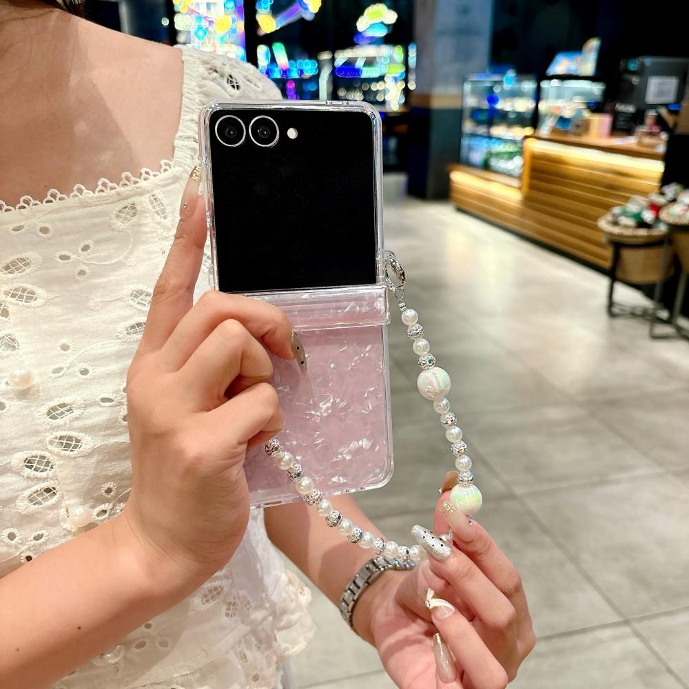 Luxury Shell Pattern Beads Bracelet Case for Samsung Galaxy Z Flip 7 6 5 flip 3 4 zflip7 Hand Wrist Chain Acrylic Hard Cover