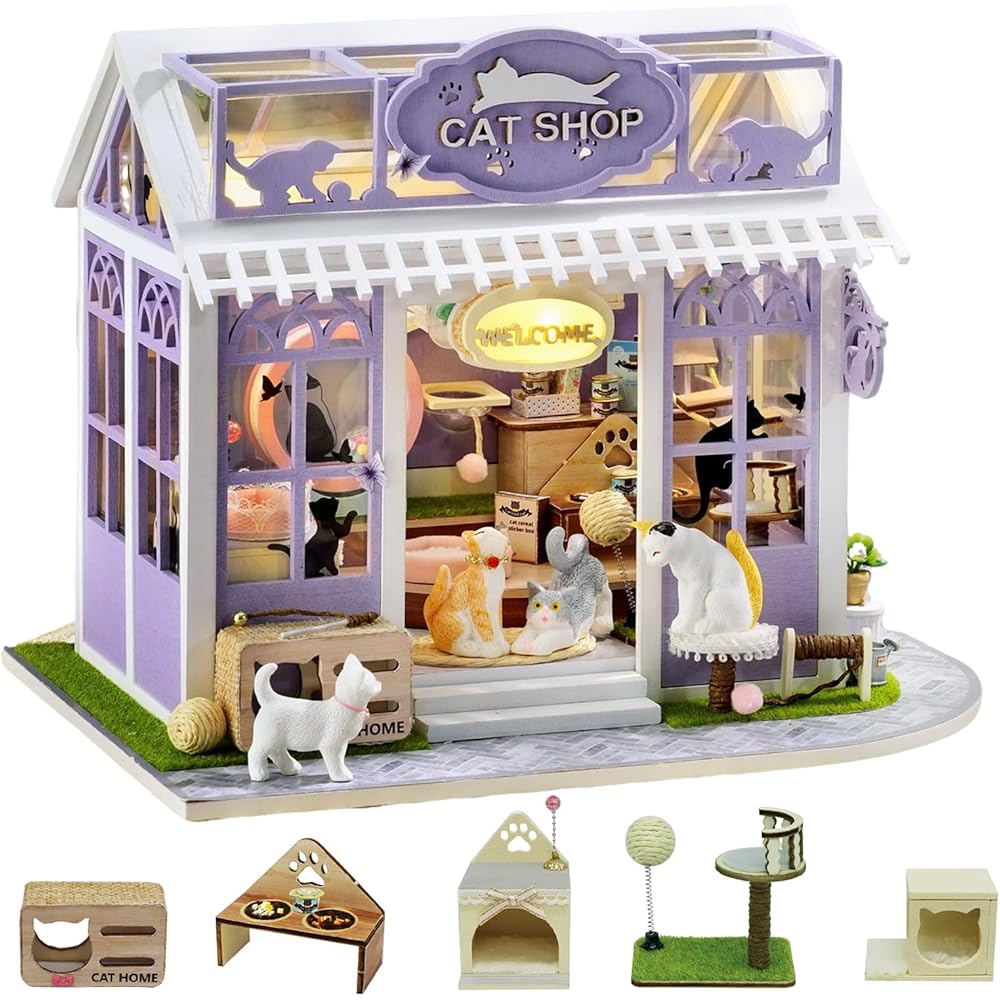 Cuteroom Miniature Dollhouse Kit DIY Wooden Cat Paradise with Mini Furniture Home Decor Gift for Beginners