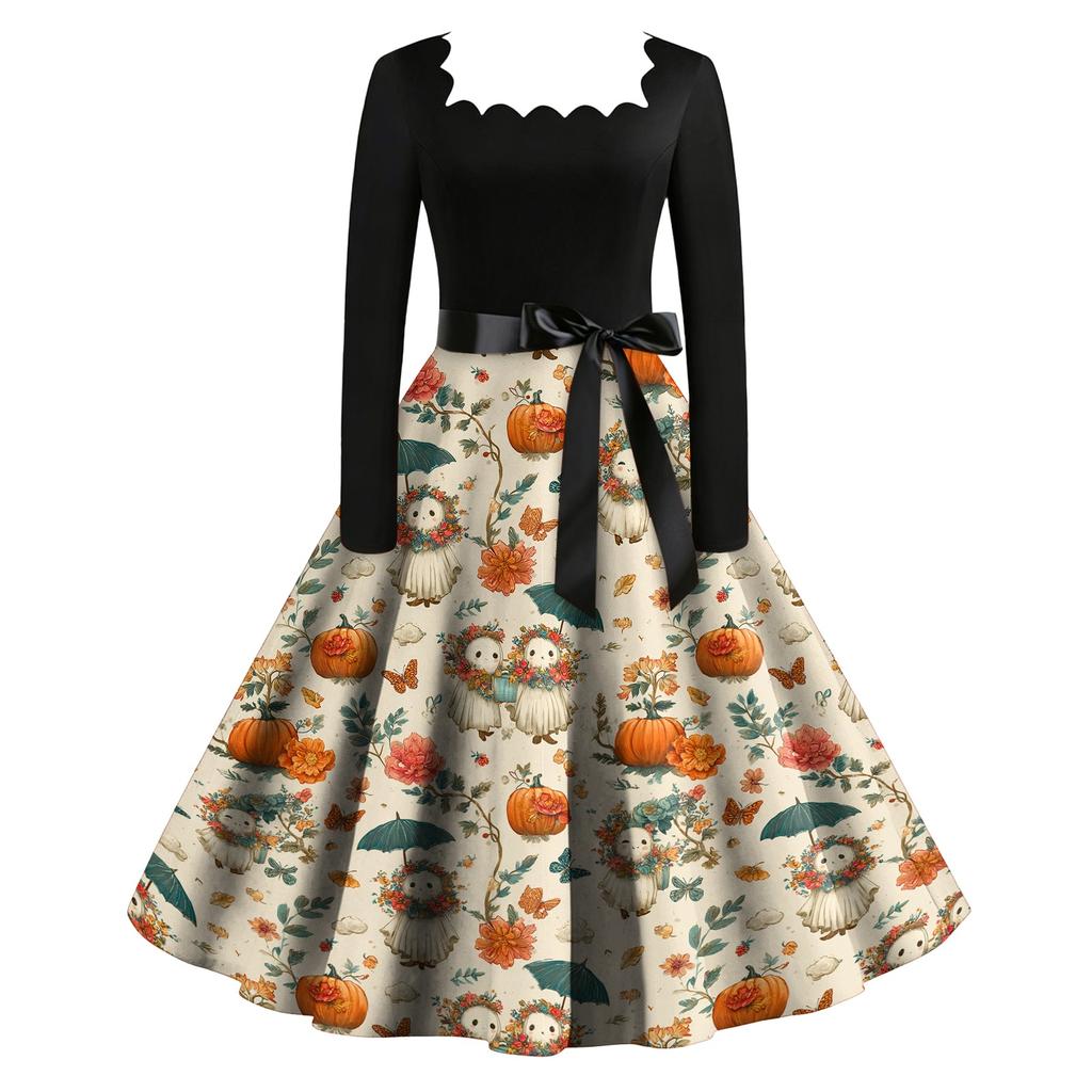 Vintage Long Sleeve Square Neck Halloween Party Dress with Printed Skirt and Waist Tie Retro Style Midi Dress for Women