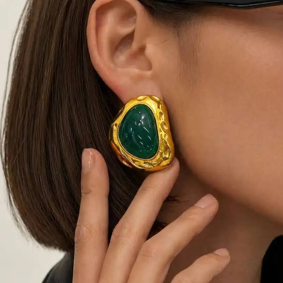 SHIXIN Retro Green Color Folded Stainless Steel Stud Earrings Women Classic 18K Gold Plated Earring Party Accessories Jewelry