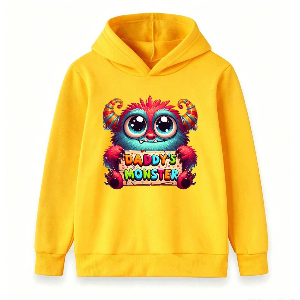 Kids Boys Girls Hoodie Sweatshirt, Cute Fluffy Monster Daddys Monster Pattern Pullover Hooded Top, Soft Casual Long Sleeve Clothes Children Daily Wear