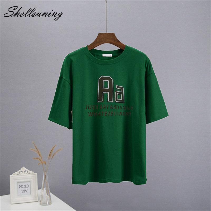 Bavlněná trička Shellsuning Oversized Dámské Léto S krátkým rukávem Trička s 3D potiskem dopisů Dámské Běžné Volné High Street Basic Tops