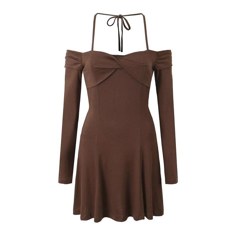 

Off-the-Shoulder South Korea Long Sleeves Super Elastic Silm Dress Halterneck Brown L