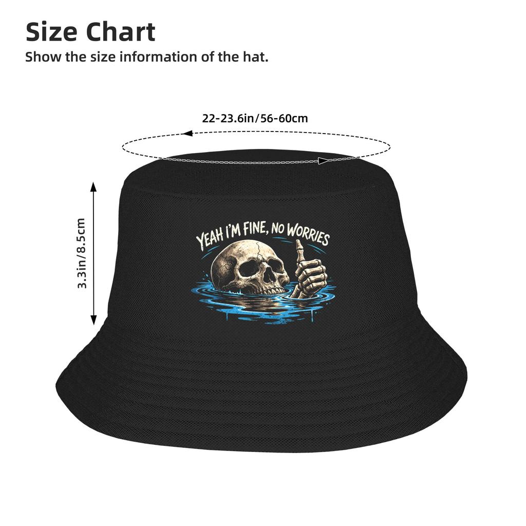 Unisex Yeah I‘M Fine No Worries Skull Vintage Humor Quote Bucket Hat Soft Fold Fisherman Hats Summer Trendy Travel Hiking Caps