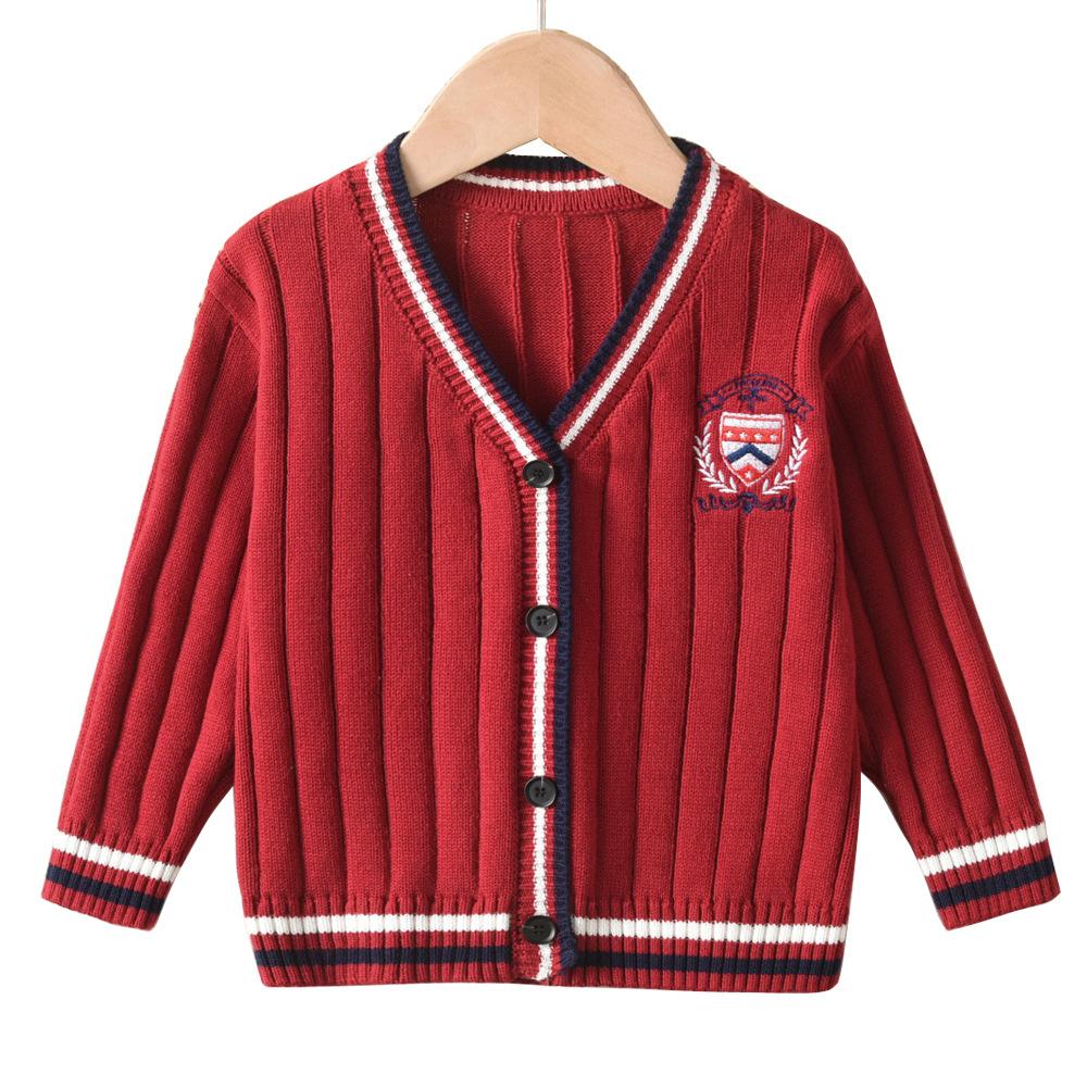 

Кардиган вязаный контрастного цвета в стиле колледжа, с вышивкой, для мальчиков и девочек, школьная форма, классная форма, детский свитер-кардиган, куртка 160cm бордовый