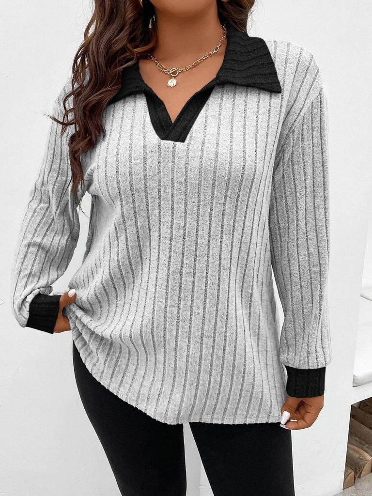 2026 Autumn/Winter Women's Plus Size V-Neck Long Sleeve Ribbed T-shirt