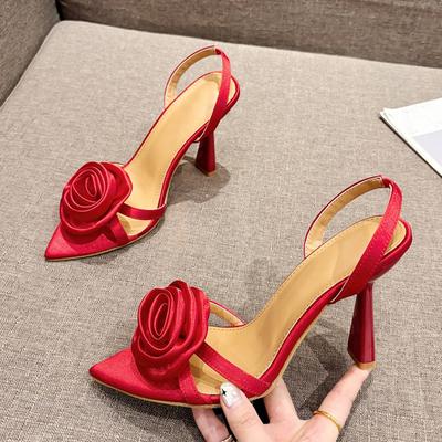 Fashion Summer Fashion Women Shoes Silk Rose Flowers Pointed Open Toe Back Strap Sandals High Heels for Women Wedding Prom Shoes Zapatos