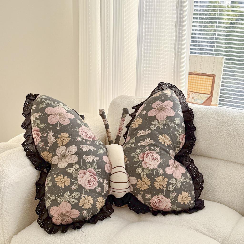 Cuscino Decorativo in Cotone e Lino con Ricamo a Farfalla e Motivo Floreale per Arredamento Soggiorno