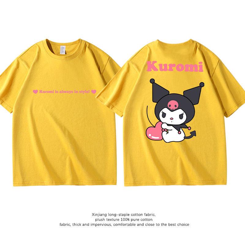 New Summer Pure Cotton Childrens Tshirt Kuromi Fashion Doublesided Printed Parentchild Outfit Round Neck Short Sleeved Shirt