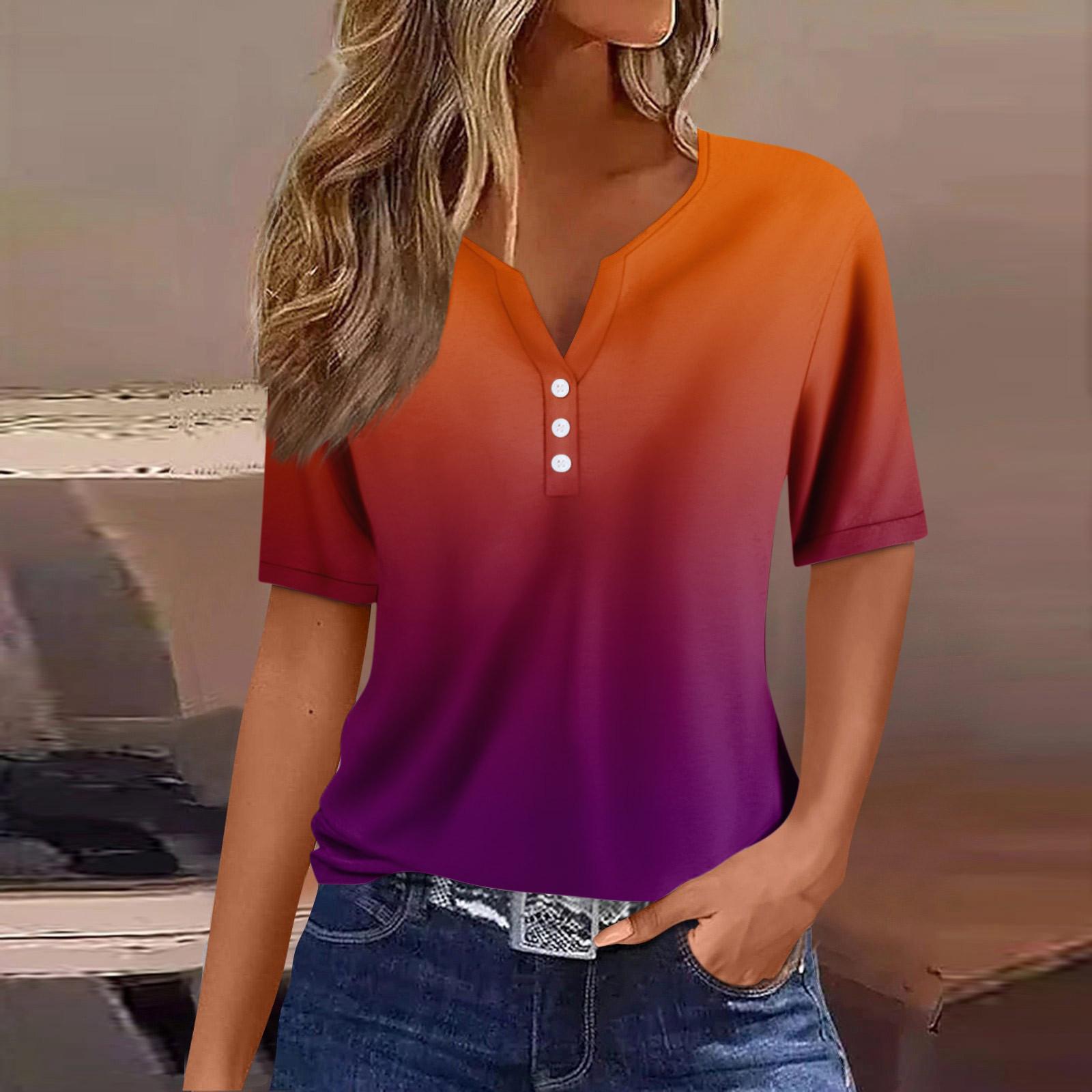 

Жіноча модна повсякденна футболка з градієнтним V-подібним вирізом і короткими рукавами з декоративними ґудзиками M темно-фіолетовий колір