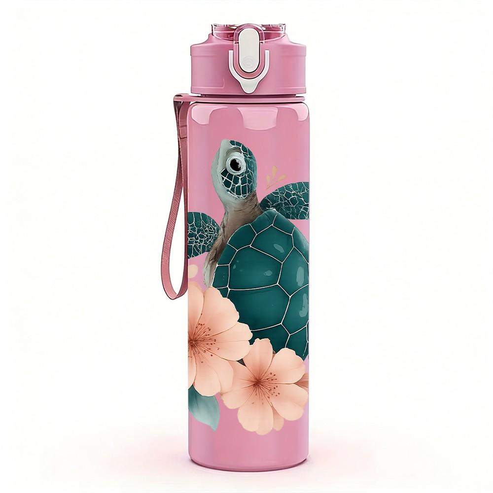 1 Stück Florales Meeresschildkröten-Print 750ml Farbe Kunststoff Sport-Wasserflasche Auslaufsicher Klappdeckel mit Strohhalm Geeignet für Sport Büro Heimgebrauch