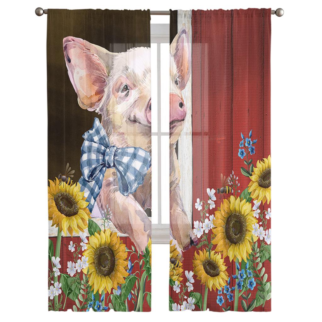 Pig Sunflower Farm Idyllic Barn Sheer Curtains for Living Room Modern Voile Curtain Bedroom Tulle Curtains Window Drapes Decor