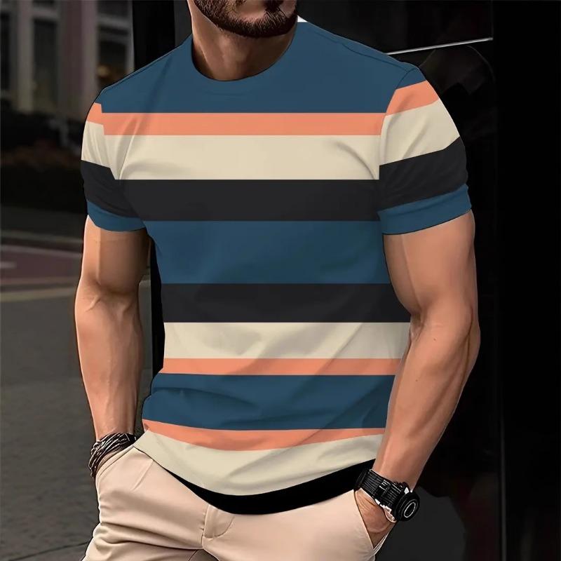 Gestreiftes T-Shirt, Color-Block-Muster, 3D-Druck, Herren Kurzarm-T-Shirt, Lockerer Streetwear-Stil 6XL beige