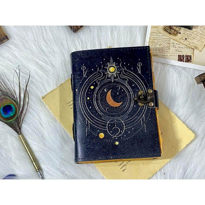 Sun and Moon Leather Notebook Spell Book Handstitched Journal Grimoire Journal Handmade Journal With Deckle Edge Paper Gifts For Him Her