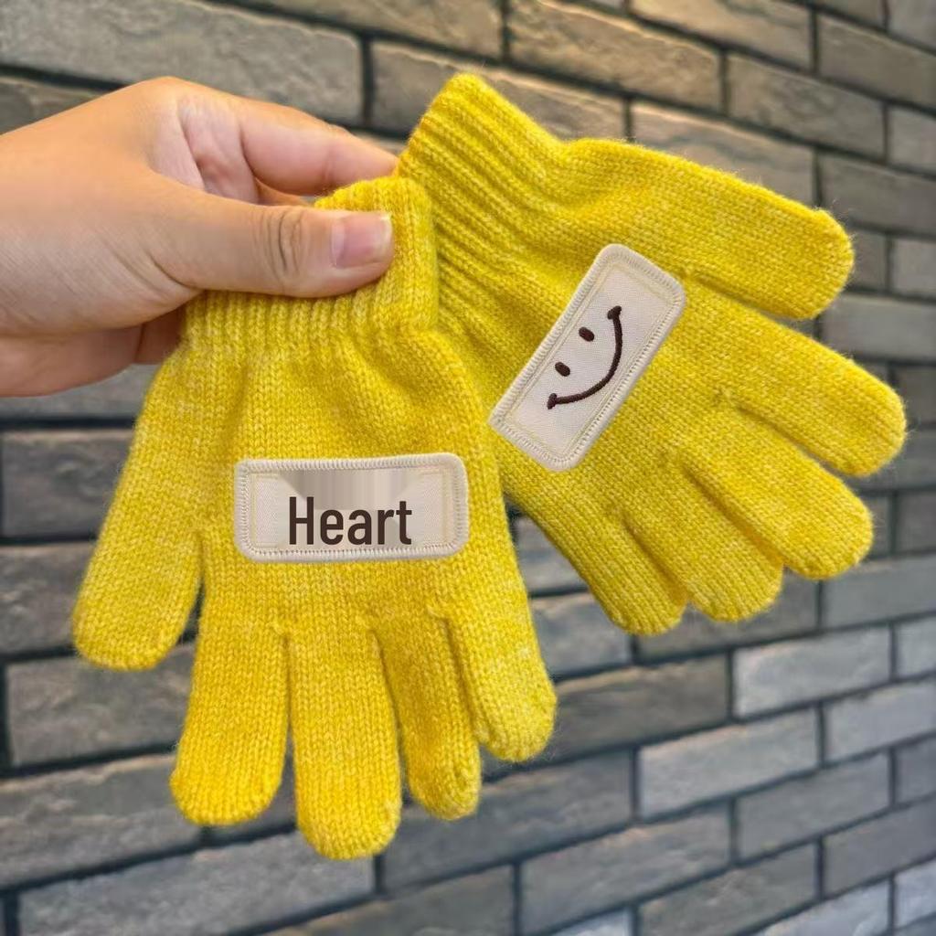 Korean Style Kids' Woolen Knit Five-Finger Gloves with Smiley Face for Autumn/Winter Warmth