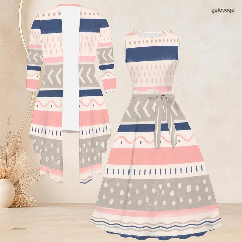 Women Plus Size Two Piece Set 3 4 Sleeve Open Front Cardigan Sleeveless Striped Printed Tie Waist Flared Dress