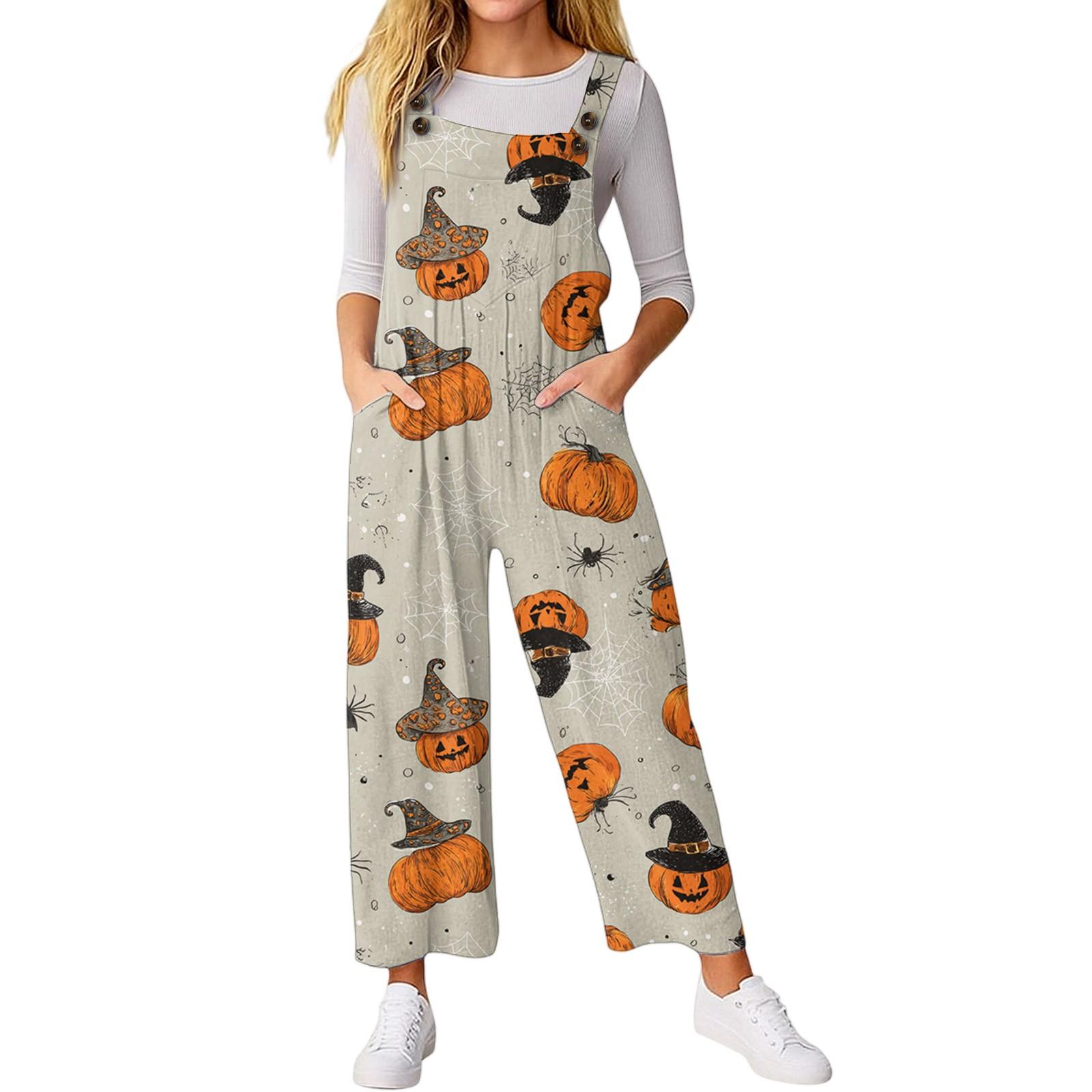 

Женский свободный повседневный комбинезон без рукавов с принтом на Хэллоуин L бежевый