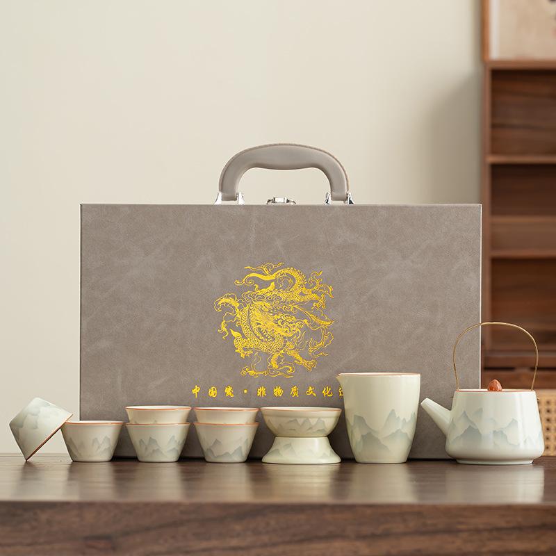 High-end Business Gift Box Light Luxury Ru Kiln Complete Set of Tea Making Kung Fu Tea Set Chinese-style Beauty Corporate Event Gifts