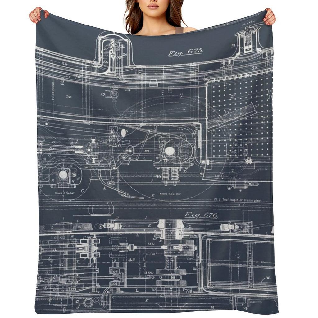 Steam Train Blueprint Throw Blanket Picnic Shaggy Hairy Decoratives Blankets