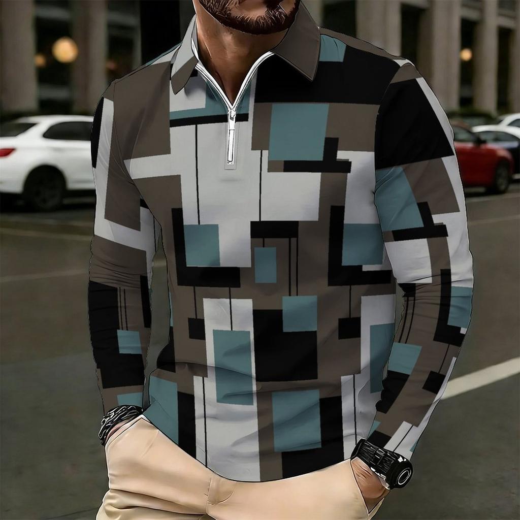 Men Plus Size Collared Long Sleeve Shirt Striped Casual Polo For Daily Life And Weekend Leisure