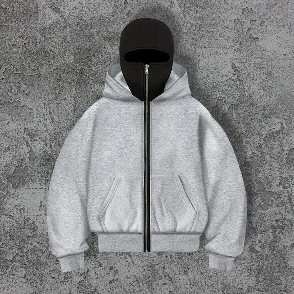 Men Hip Hop Double Hat Balaclava Hoodie Windproof Zipper Face Mask Sweatshirt Streetwear