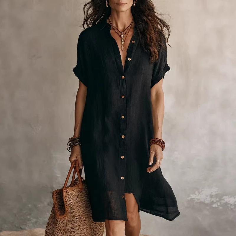 Women Button Down Shirt Dress Short Sleeve Casual Solid Color Loose Fit Midi Dress