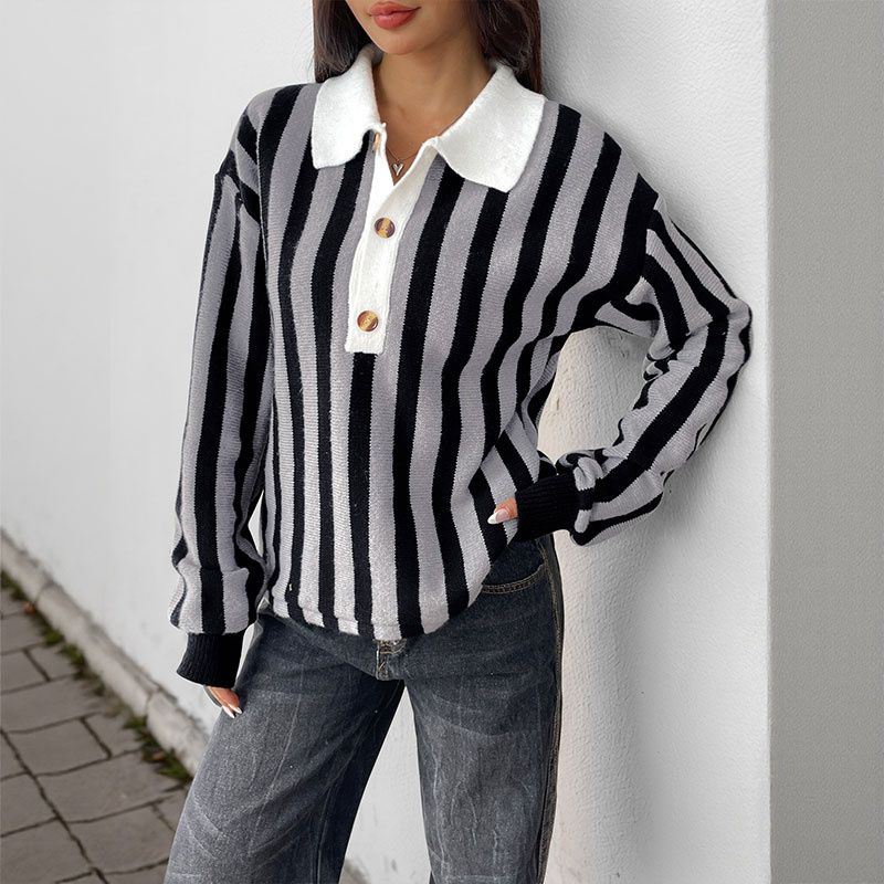 Autumn Winter Women Sweater Ladies Tops Vertical Stripes Lapel Knit sweater Women