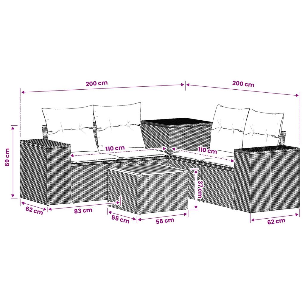 Sofa Set 6 Pieces Black Poly Rattan and Steel