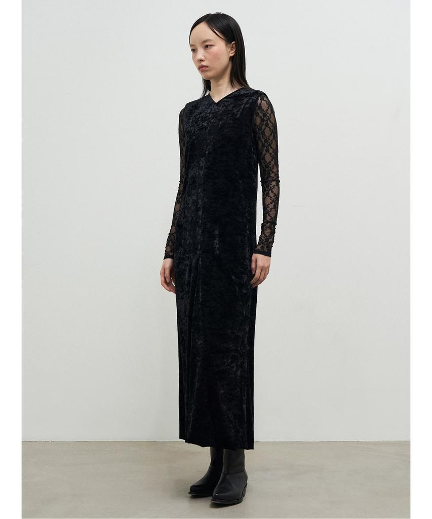 Anggae Washed Velvet Long Dress Black