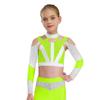 Mädchen Langarm Strass Farbblock Crop Top Kreuzrücken Cutout Gymnastiktop