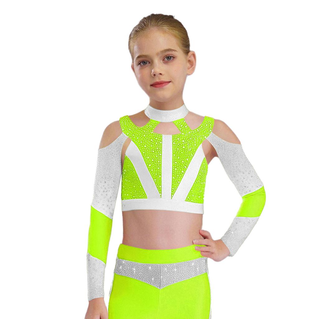 Mädchen Langarm Strass Farbblock Crop Top Kreuzrücken Cutout Gymnastiktop