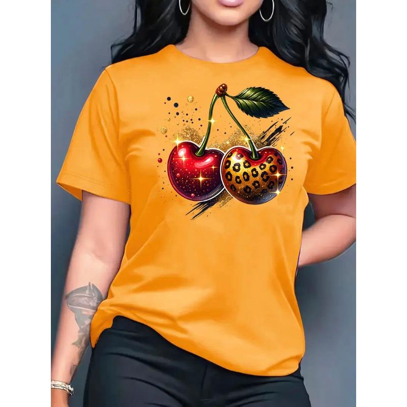 Summer  Round Neck Top Fashion Casual Loose Apple Print Simple Versatile T-Shirt Women Clothes