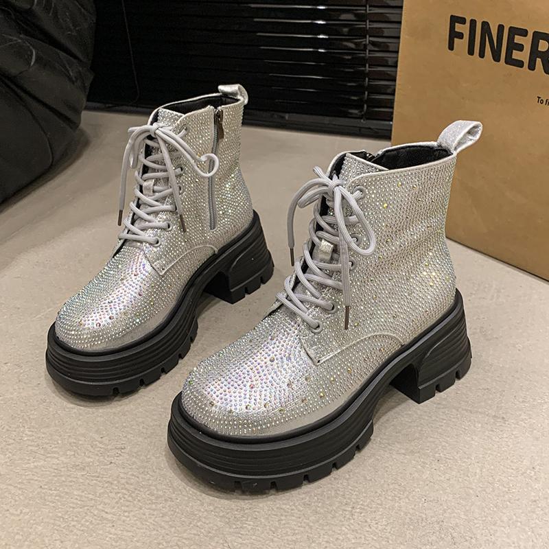 Mode Herbst Neue Plateau Einzelstiefel Damenmode Runde Spitze Strass vorne Schnürung Seitlicher Reißverschluss Bequeme Kurze Stiefel