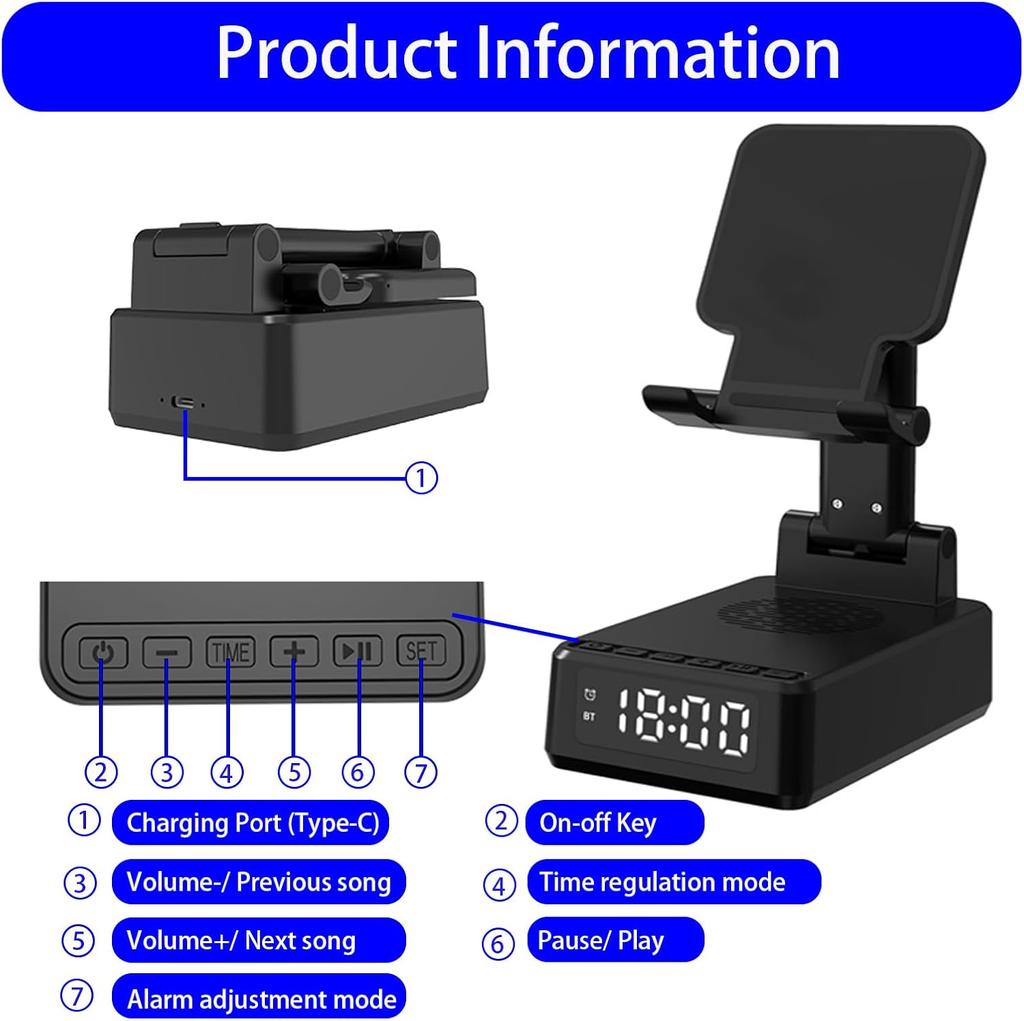 15 W Faltbares kabelloses Ladegerät LED-Zeitanzeige Wecker Telefonständer Bluetooth-Lautsprecher für iPhone 15/14/13Pro