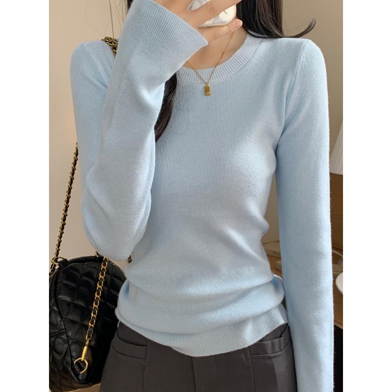 Solid color slim-fitting simple top women's knitted sweater spring, autumn and winter temperament with long-sleeved thin bottoming shirt