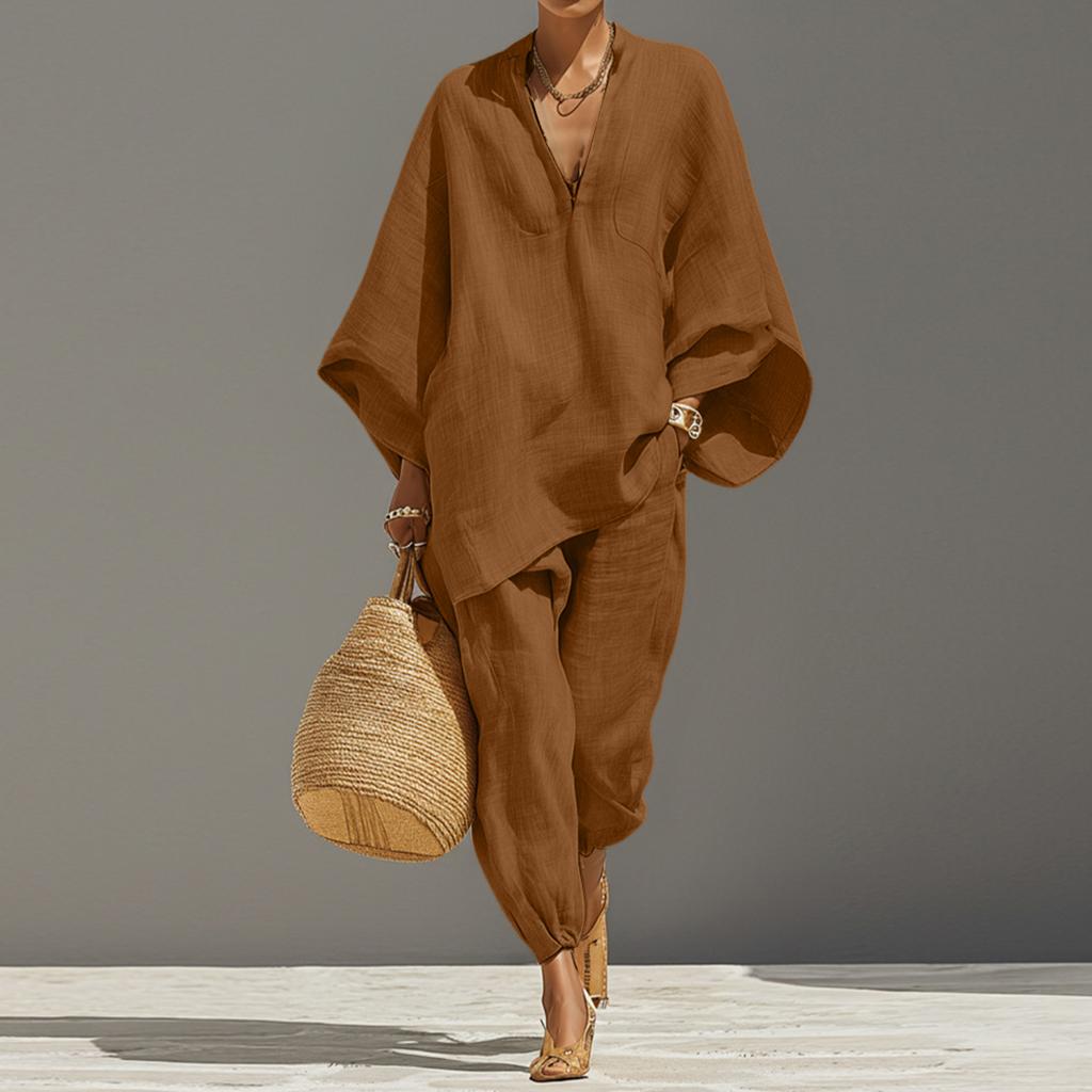 Ladies' Color Casual Lazy Loose Shirt Set