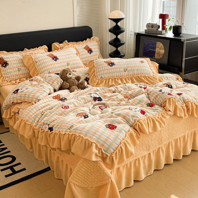 Xiaohongshu Popular Thickened Milk Fleece Bed Cover Bed Skirt Four-Piece Set Farai Fleece Warm Quilt Cover Bed Hat