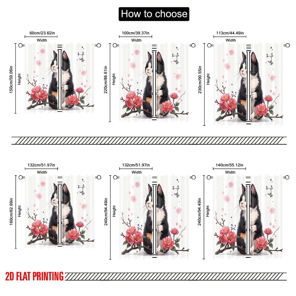 2pcs,2D Plane Printing Contemporary Curtains Zen Cat Blossom Polyester Easy Install (without Rod) Versatile All Perfect for