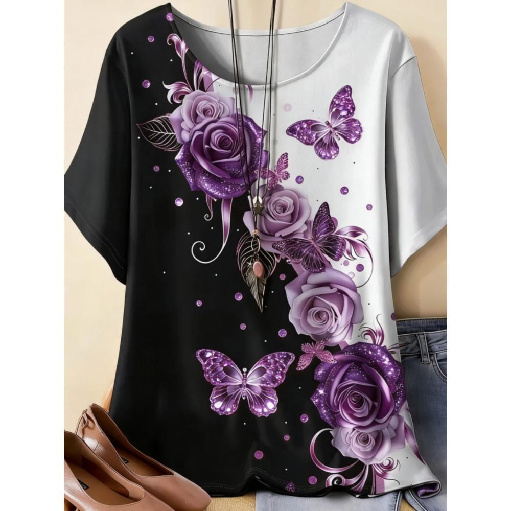Beautiful Retro Colorful Butterfly Flowers 3D Printed Short Sleeved T-shirt Fashionable Comfortable Soft Breathable Large Loose Summer Womens T-shirt