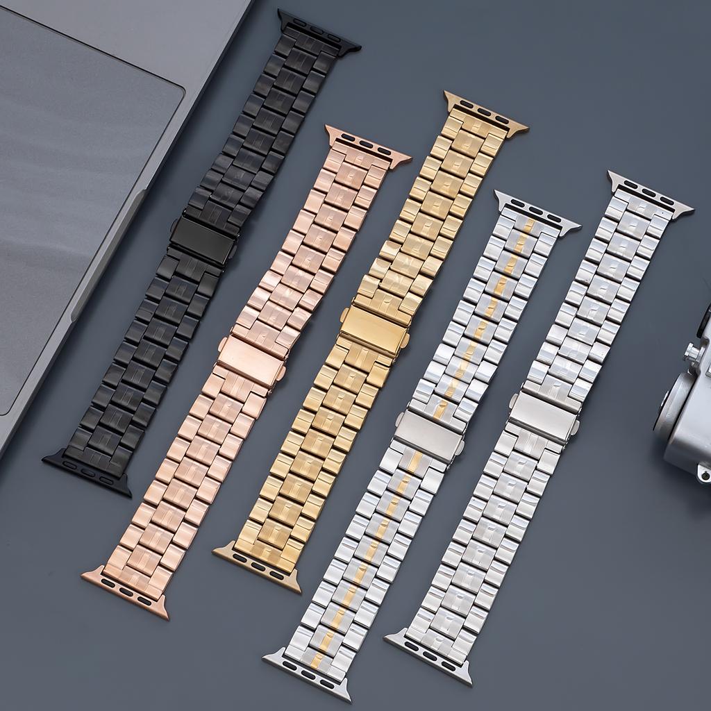Compatible with Apple Watch Series 9/8/SE, three-bead stainless steel metal watch strap, Huawei GT4/5 watch band