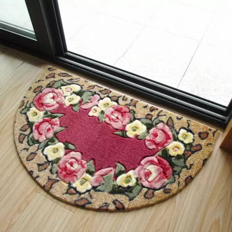 Retro 3D Rose Semi-Circle Floor Mat Entrance Entrance Welcome Door Mat Soft Non-Slip Bedroom Carpet Home Decoration
