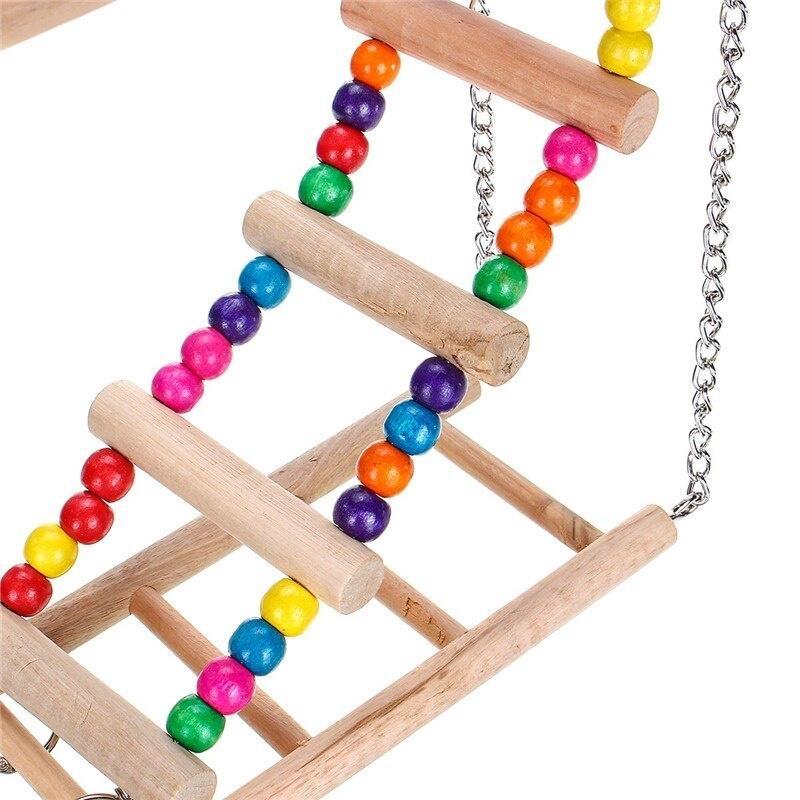 Wooden Parrot Bird Hanging Ladder Swing Bridge Climb Pet Chewing Toy Bells for Small Parrots Parakeets Cockatiels