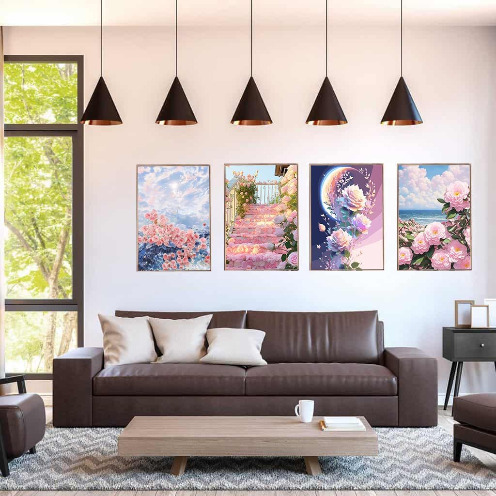 Set of 4 Diamond Art Kits, BetterJonny 5D Diamond Painting Kits, Full-Paste DIY Diamond Painting Kits for Beginners, Adults, and Kids, 30x40cm Flowers