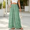 Women High Waist Wide Leg Pants Elastic Waistband Plaid Print Loose Fit Trousers with Pockets Casual Relaxed Style for Daily Wear