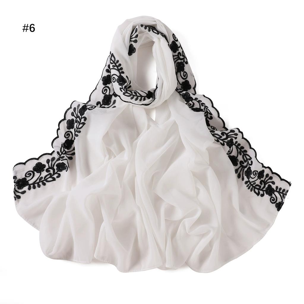 Embroidery Lace Chiffon Hijabs For Women Vine Heavy Pearl Industry Edge Long Scarf Light Scarf Headscarf Shawl Turban Ramadan