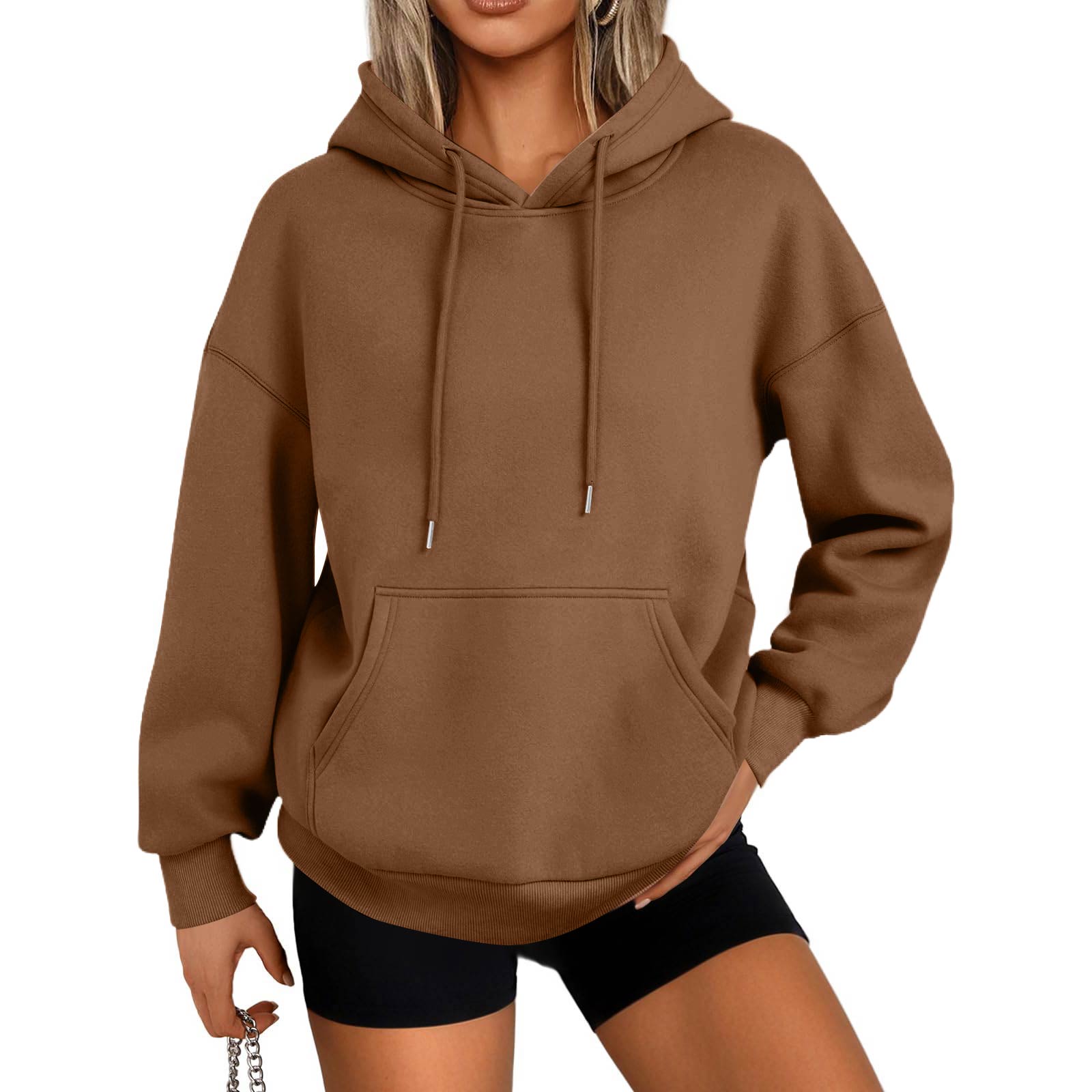 Womens Long Sleeve Pullover Hooded Sweatshirt Casual Loose Fit Drawstring Hoodie Pocket Soft Comfy Top for Daily Wear S кофейный