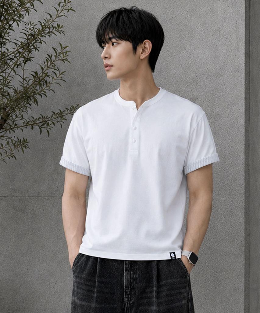 GHOST REPUBLIC Crop Stripe Color Block Roll-Up Henley Neck Short Sleeve T-Shirt Gt-393_White