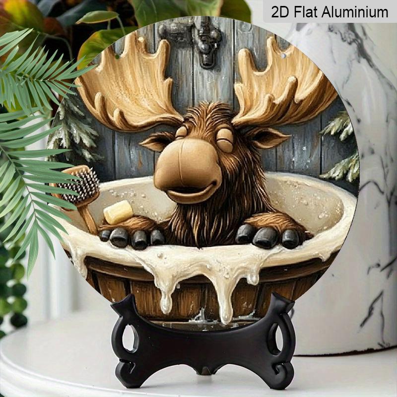 2D Flat, 1pc Round "Charming Moose Bathroom Theme" Aluminum Wall Sign, Funny Moose Bath Time Vintage Lodge Design, Durable Weatherproof Decor
